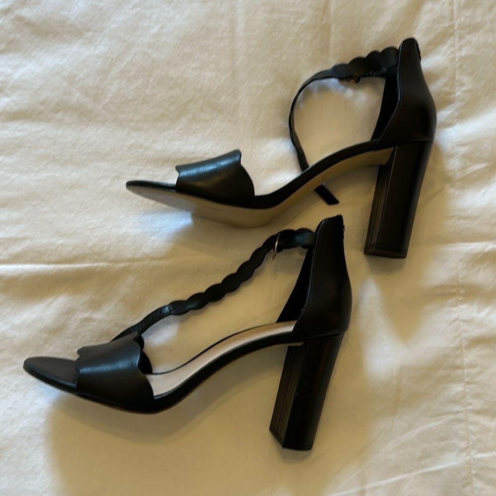 Kate Spade black leather scallop block heel sandal with ankle strap gold buckle